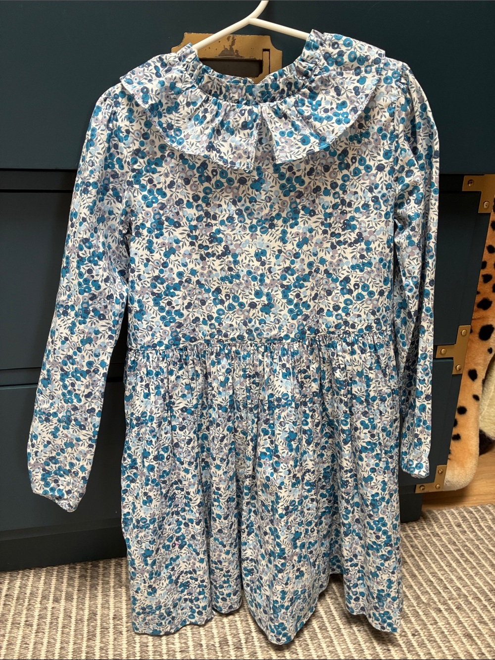 Jacadi Blue and White Floral Long-Sleeve Dress with Ruffle Collar (8)